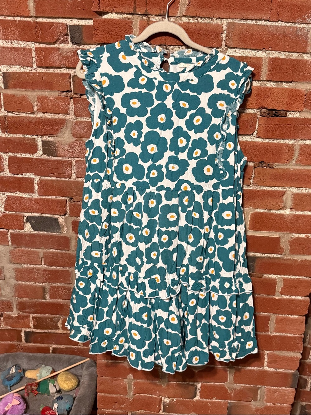 Floral Ruffle Sleeve Dress in Teal and White